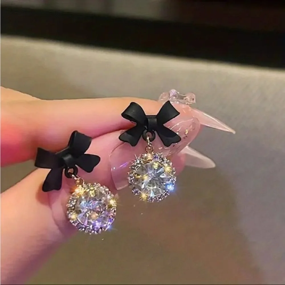 Black Bow Crystal Drop Earrings Sparkly Statement Studs NWT